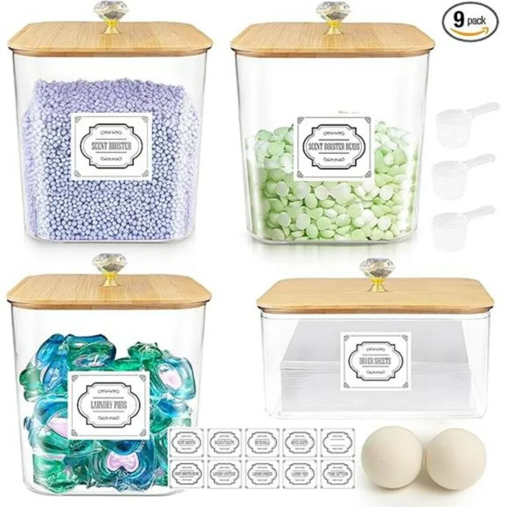 Laundry detergent dispenser set with pods container dryer sheet holder storage